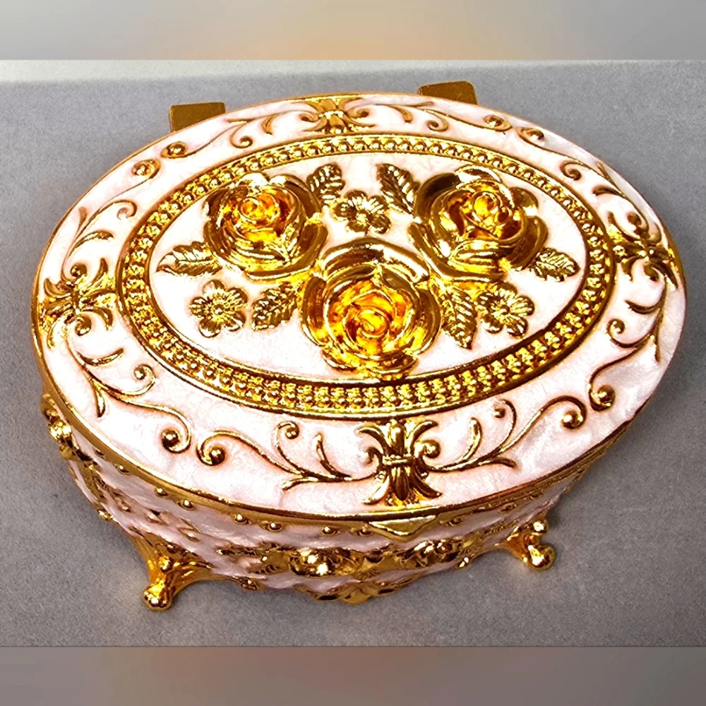 Pink and Gold European Style Vintage Enameled Trinket Box